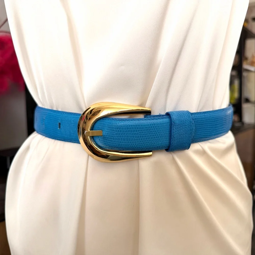 Liz Claiborne Blue Leather Belt with Gold Buckle